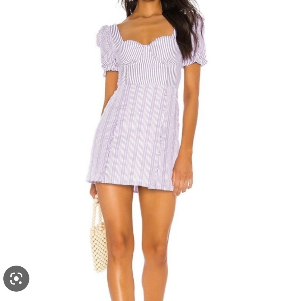 Tularosa seersucker dress. Purple and white. Tularosa Rosalind mini dress